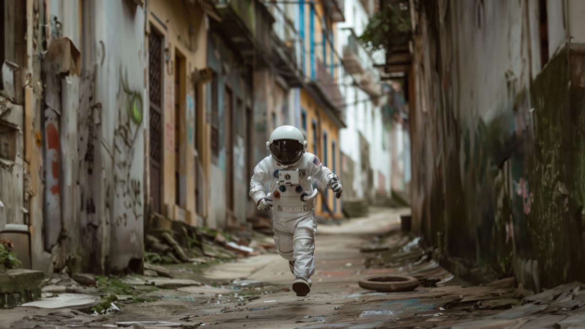 An astronaut running through an alley in Rio 