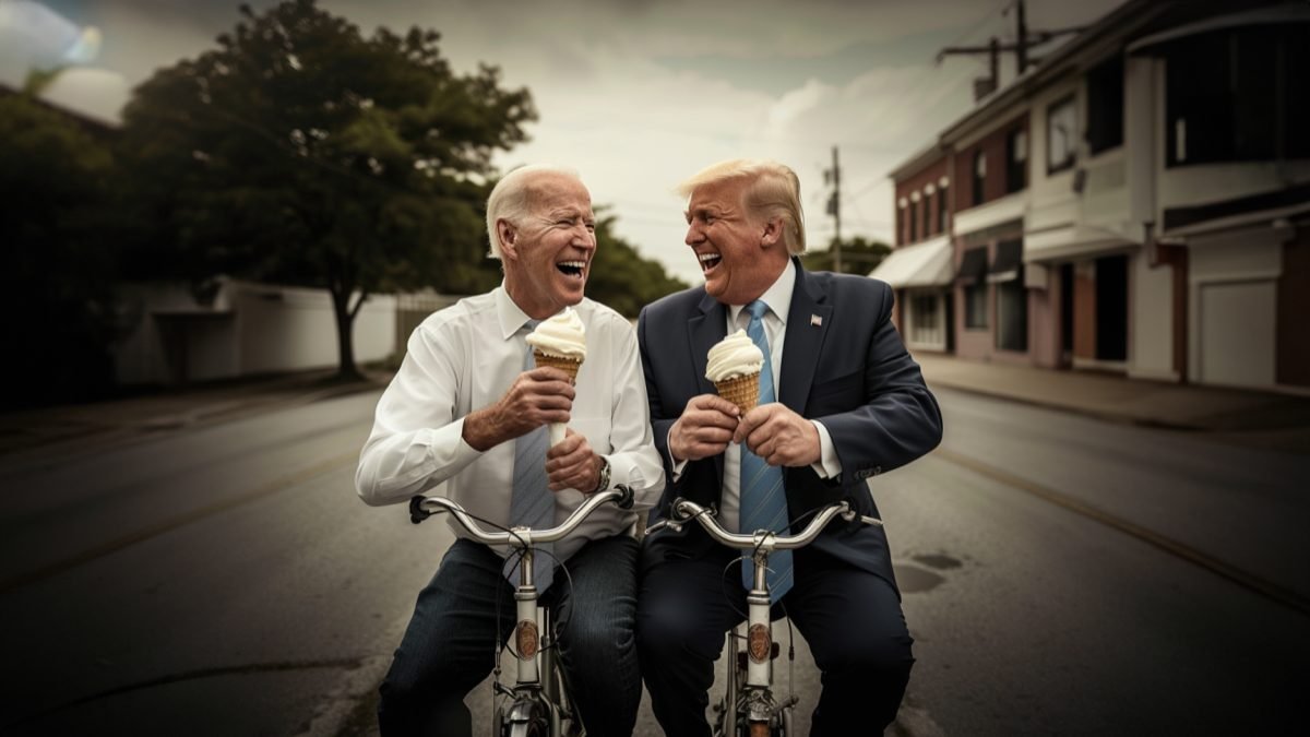 Biden and Trump enjoying an icecream together - clearly a deepfake but easy to do and pretty convincing all the same (Midjourney + PS Generative Fill)